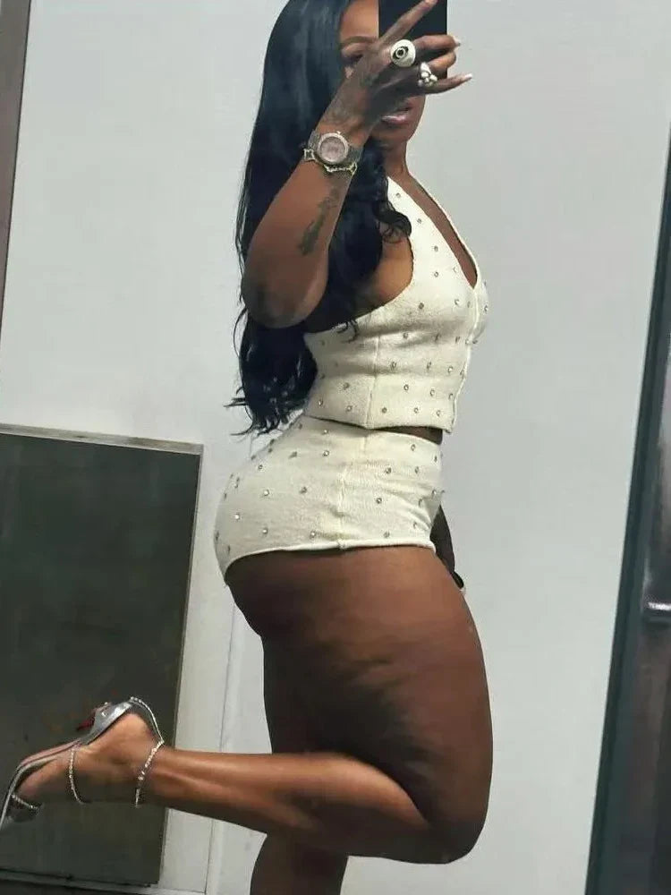 Diamond Women 2 Piece Set Luxury Knit Halter Backless Tank Tops+Shorts Casual Matching Streetwear Stretch Simple Suit