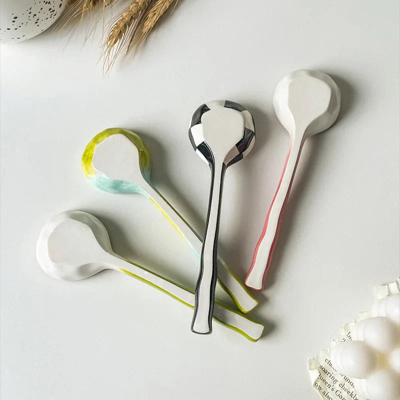 Kawaii Cute Ceramic Flower Spoon Hand Painted Dessert Spoon With Long Handle