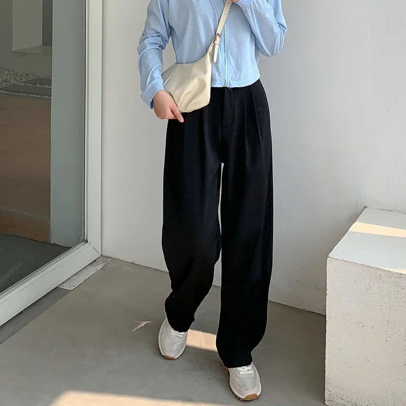 High Waist Women Suit Pants Fall Straight Office Ladies Fashion Trousers Casual Button Loose