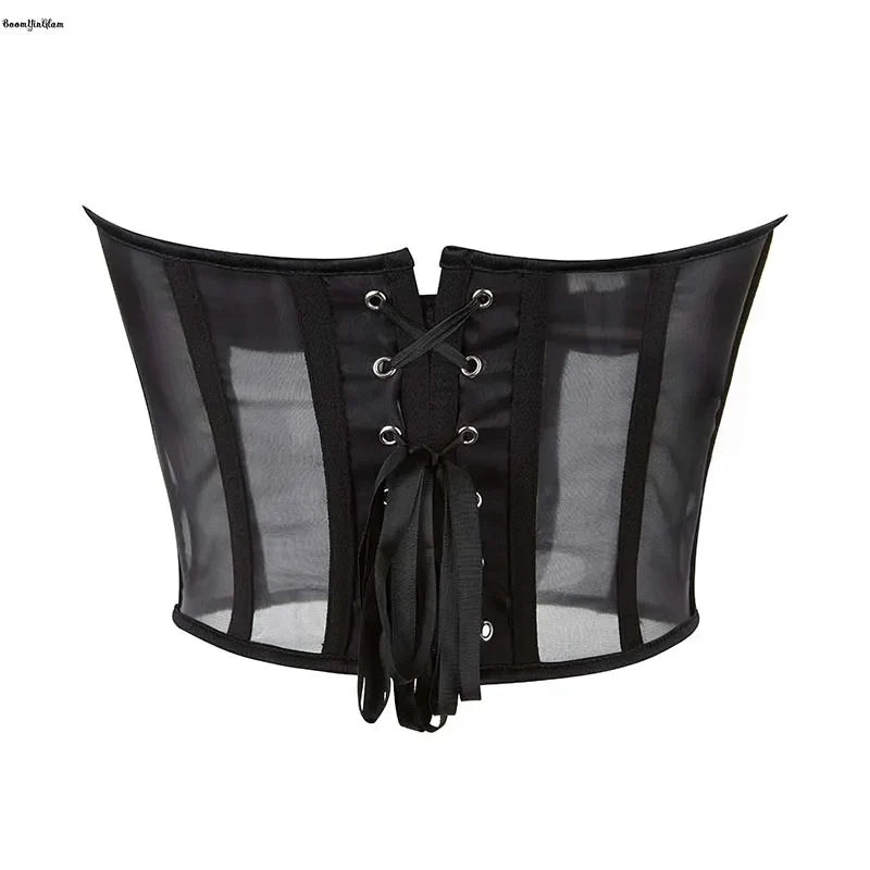 Summer Translucent Corset Women's Mesh Crop Top Black Padded Bra Bustier