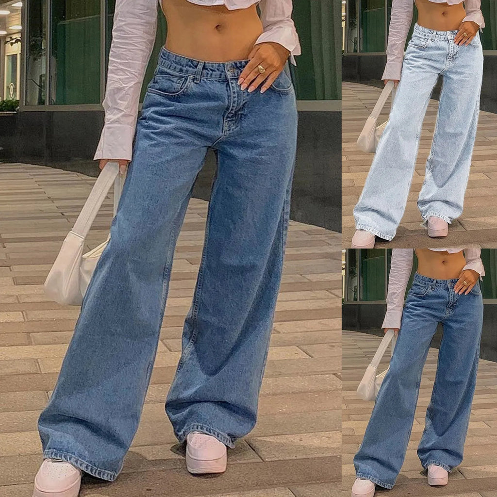Vintage Straight Leg Denim Trousers Loose Mom Jeans Low Rise Jeans Women High Waist Skinny Denim Pants