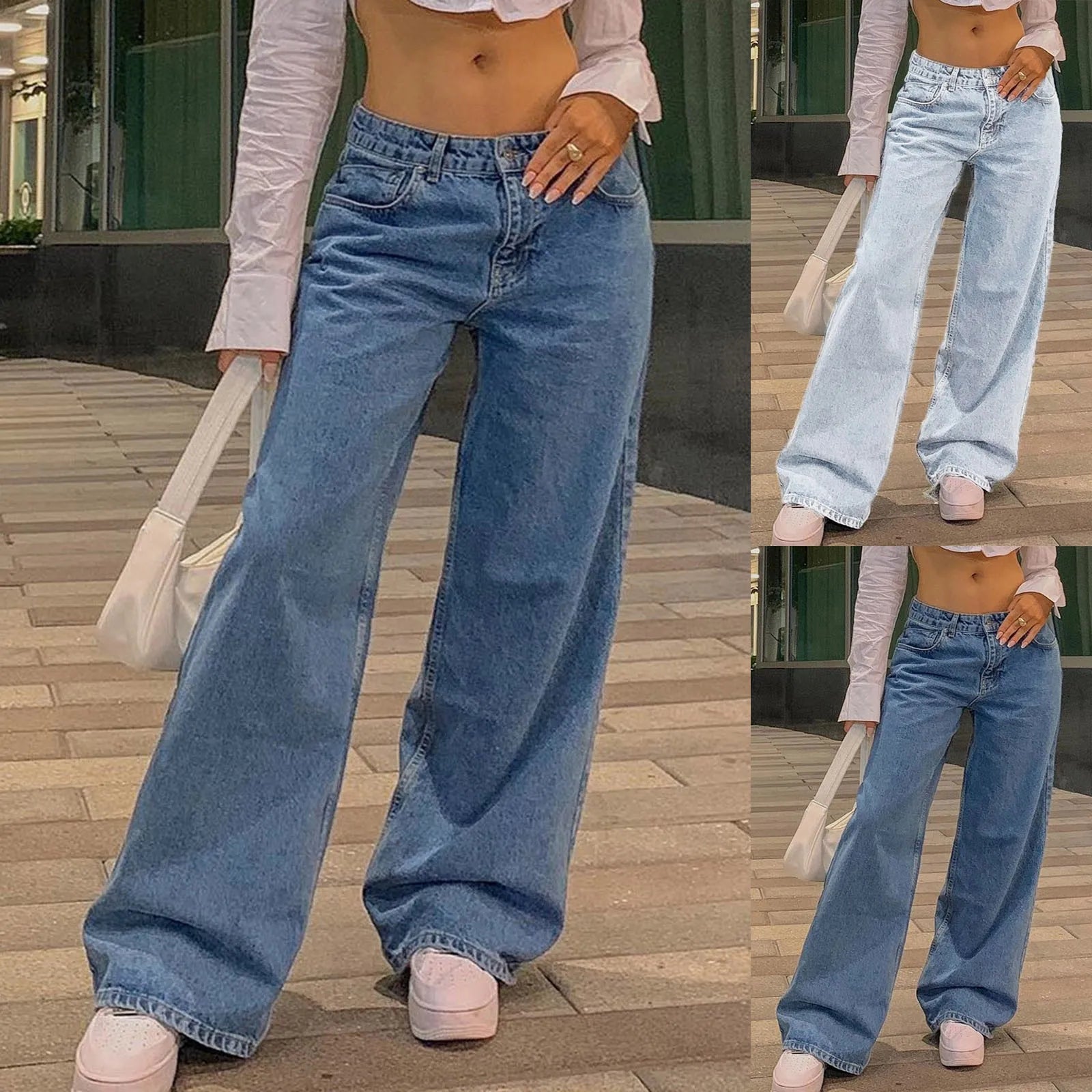 Vintage Straight Leg Denim Trousers Loose Mom Jeans Low Rise Jeans Women High Waist Skinny Denim Pants