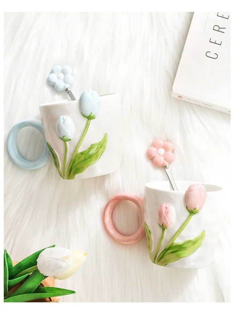 Tulip Flower Ceramic Mug Three-dimensional Design Creative Girl Heart Cup