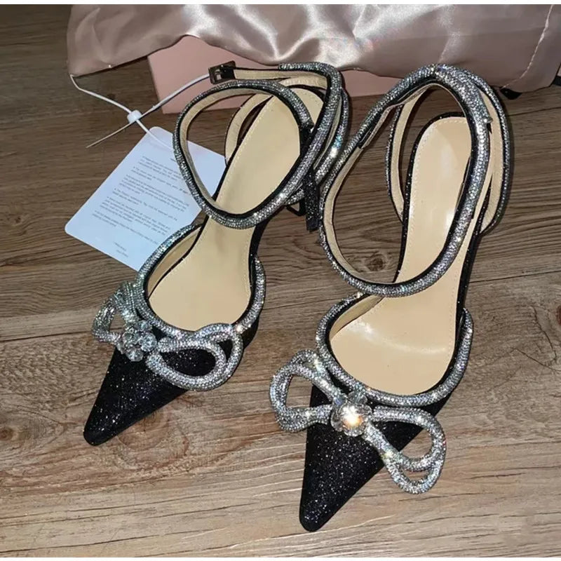Glitter Crystal Women Pumps Sexy Ankle strap Rhinestones Bowknot High Heels