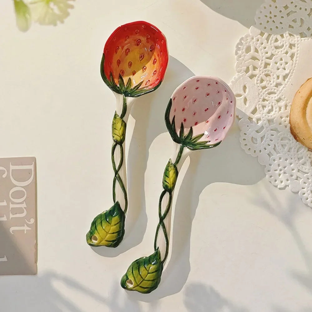 Strawberry Ceramic Spoon, Watermelon Panda Underglaze Household Cute Long Handle Children Eat Dessert Spoons Tableware