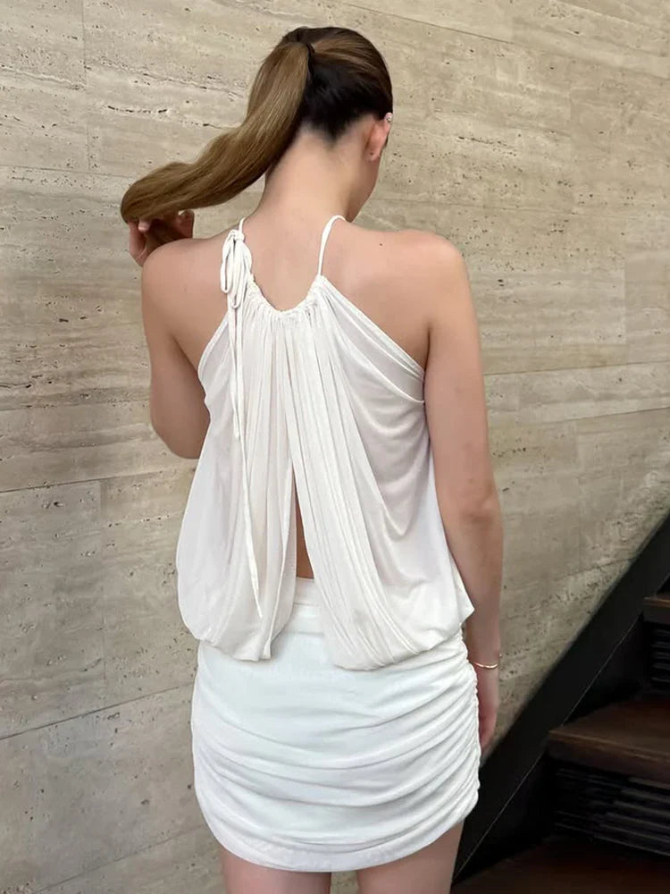 Ruched Sexy Mesh Dress Women Elegant Backless Draping Strapless Bodycon