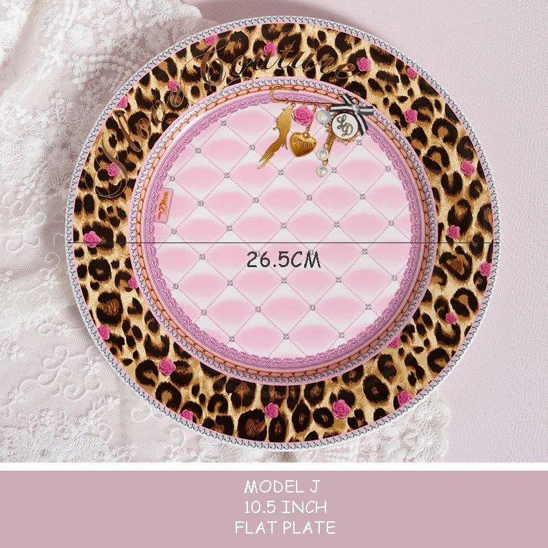 Pink Heart Shaped Dining Plate, Breakfast Tray, Ceramic Lace, Leopard Pattern Tableware, Afternoon Tea Salad Dessert