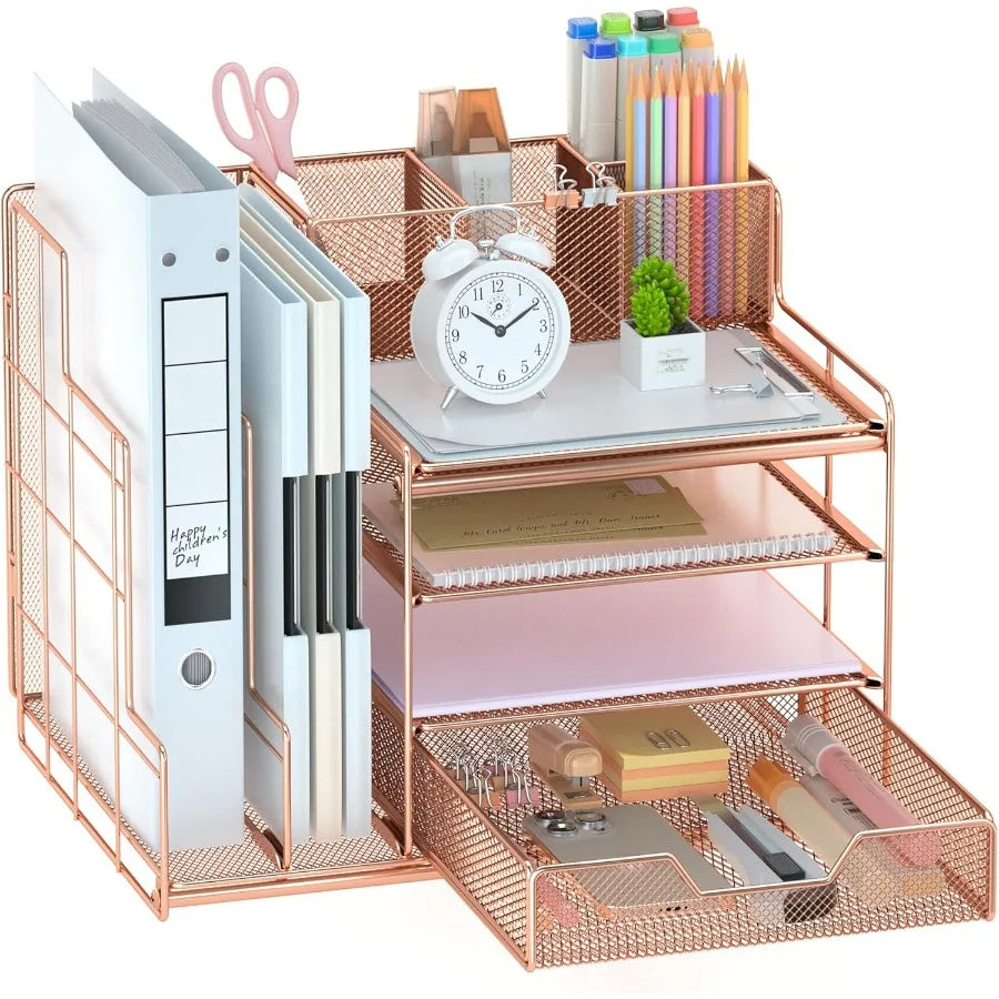 Rose Gold Desk Organizer Desk Organizers and Office Desk Accessories with Drawer + Vertical File Sorters Office Supplies