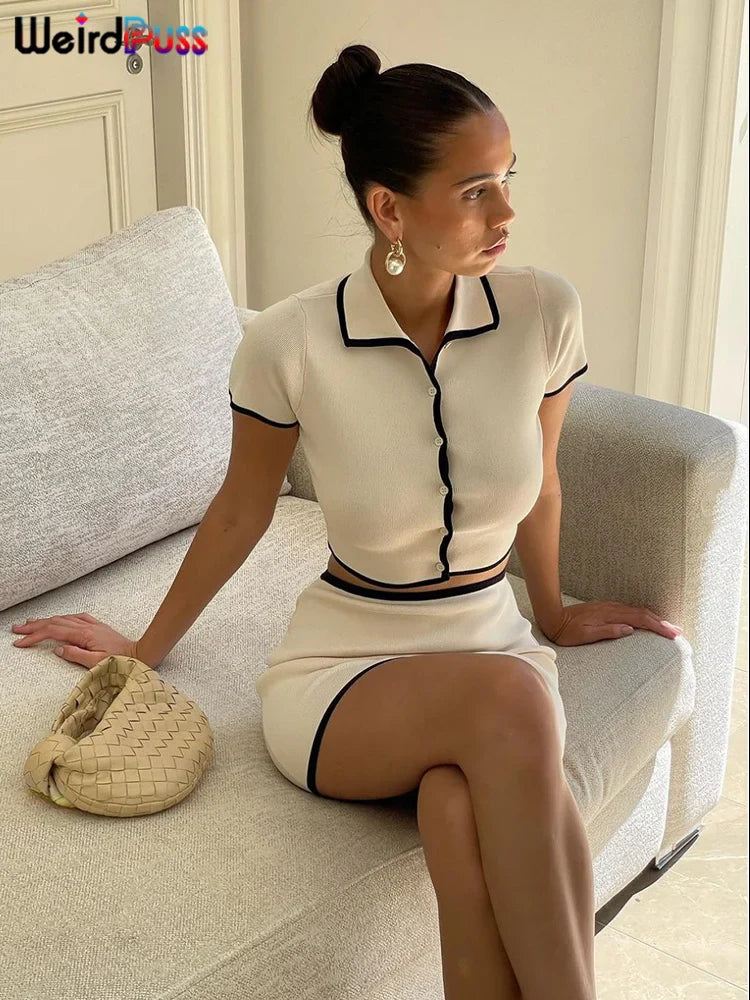 Ribbed Women 2 Piece Set Polo Neck Button Shorts Crop Tops+Mini Skirts Matching Stretch Elegant Streetwear Outfits