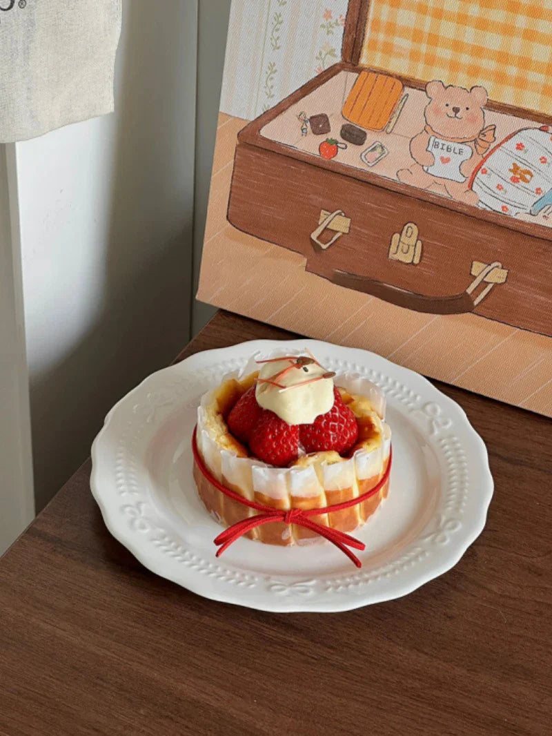 White Bow Embossed Ceramic Plate Dish Simple Dessert Disc 20.5cm Tableware