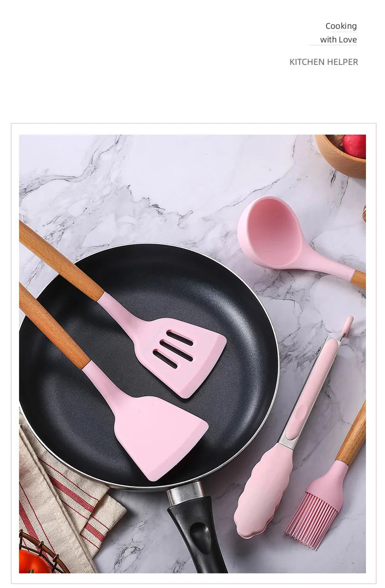 Food Grade Silicone Kitchenware Cooking Tools Cookware Set High Temperature Spatula Spoon Anti-scald Kitchen Tools
