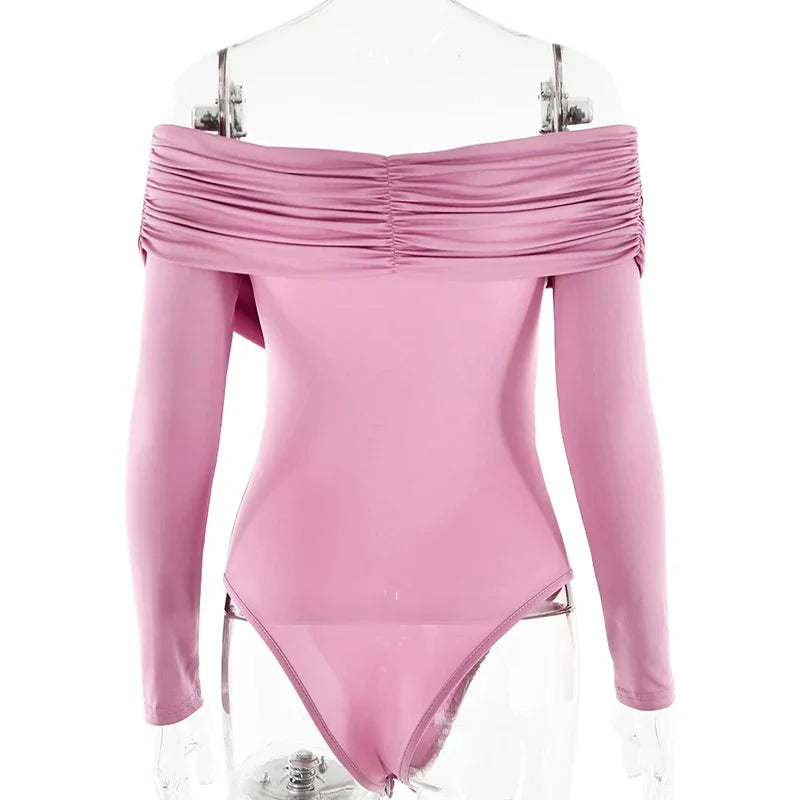 Sexy Off Shoulder Women's Bodysuits Fashion Crossed Folds Skinny Rompers Long Sleeve