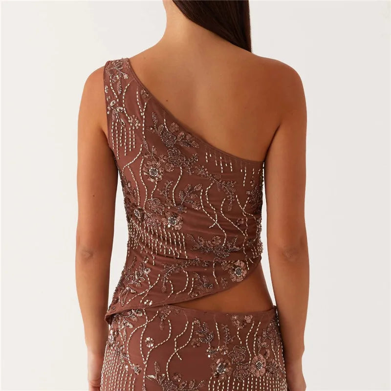 Women Y2k Sequin Sparkle Crop Tops Sexy One Shoulder Asymmetrical Backless Tank Top Glitter Beaded Rhinestone Slim Shirt