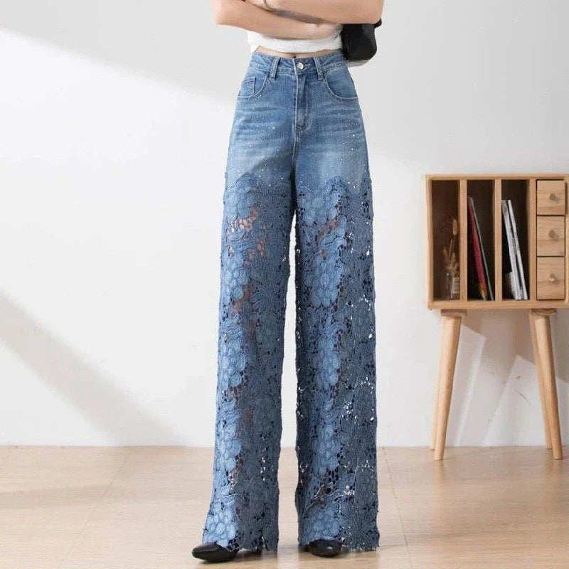 Vintage Hollow Out Lace Flowers Lady Jeans Loose Straight Denim Pants High Street Elegant Summer New Trousers Chic Fashion Pant
