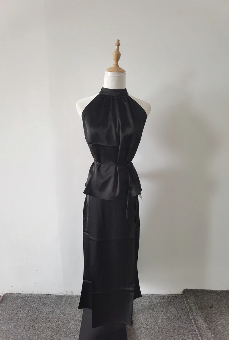 Sweet Hot Girl Casual Suit Women's Summer Satin Sleeveless Top High Waist Long Skirt Two-piece Set Fashion Female Clothes