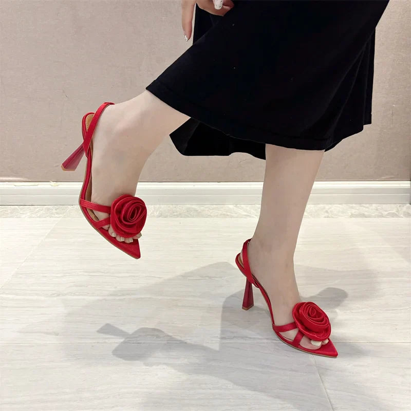 Fashion Silk Rose Flowers Pointed Open Toe Back Strap Women High Heels