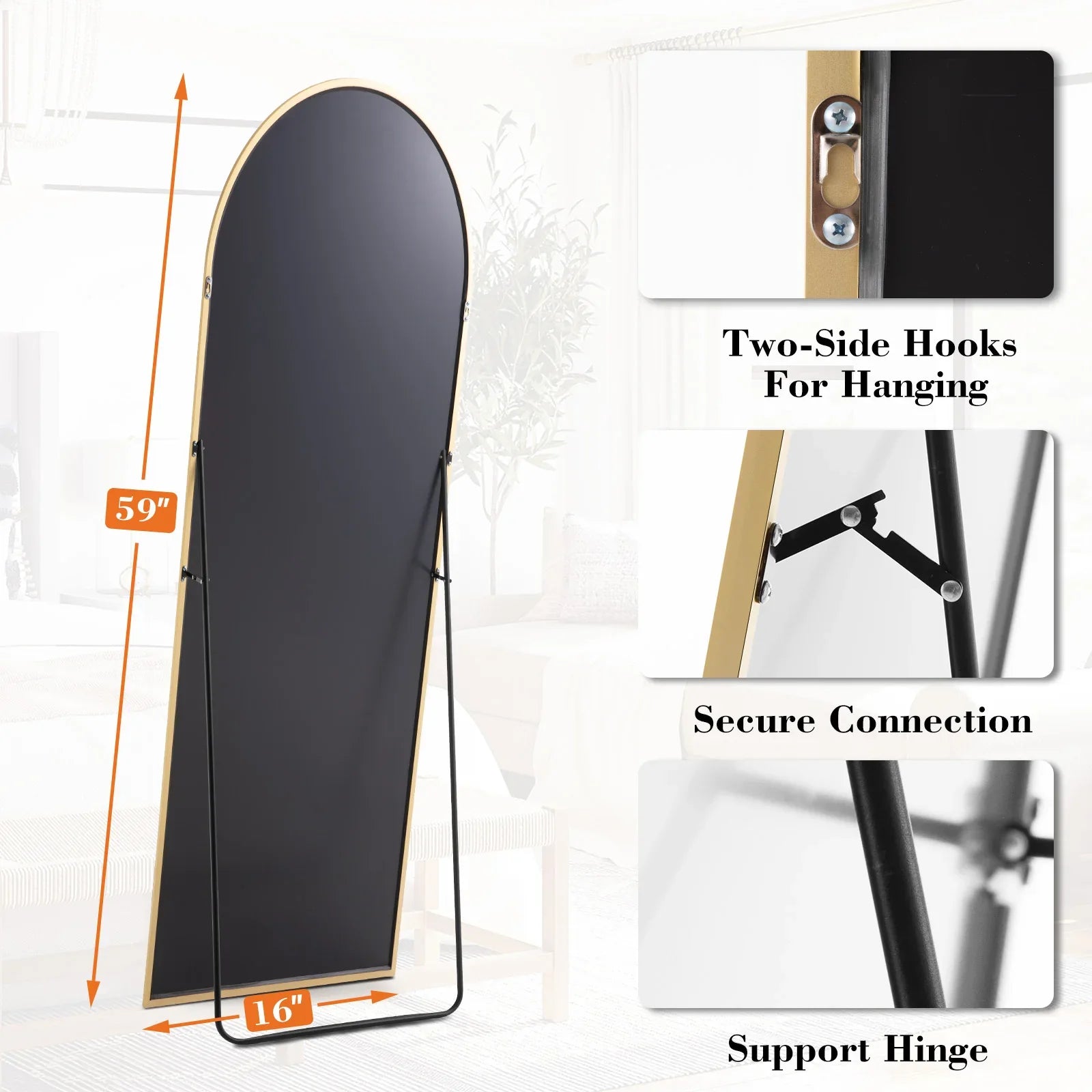 Full Length Arched Right Angle Mirror with Stand, Sturdy Aluminum Alloy Frame
