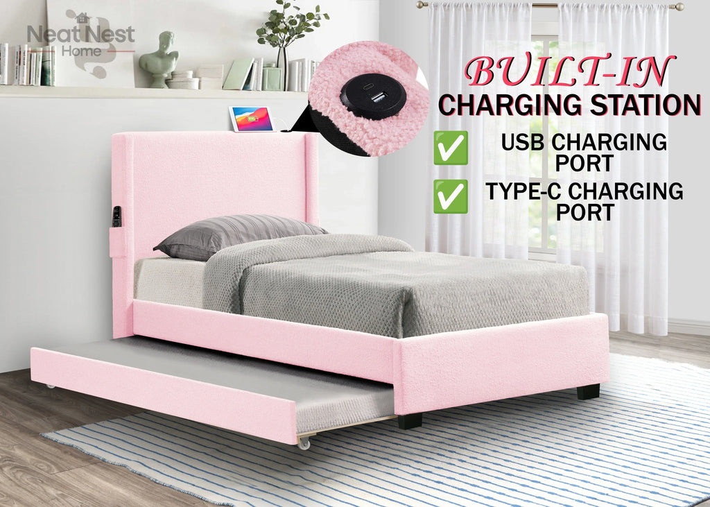Pink Twin Size Bed Frame with Removable Trundle USB Functionality, Single Bed .Bedroom Furniture No Box Spring Required Bed Frame