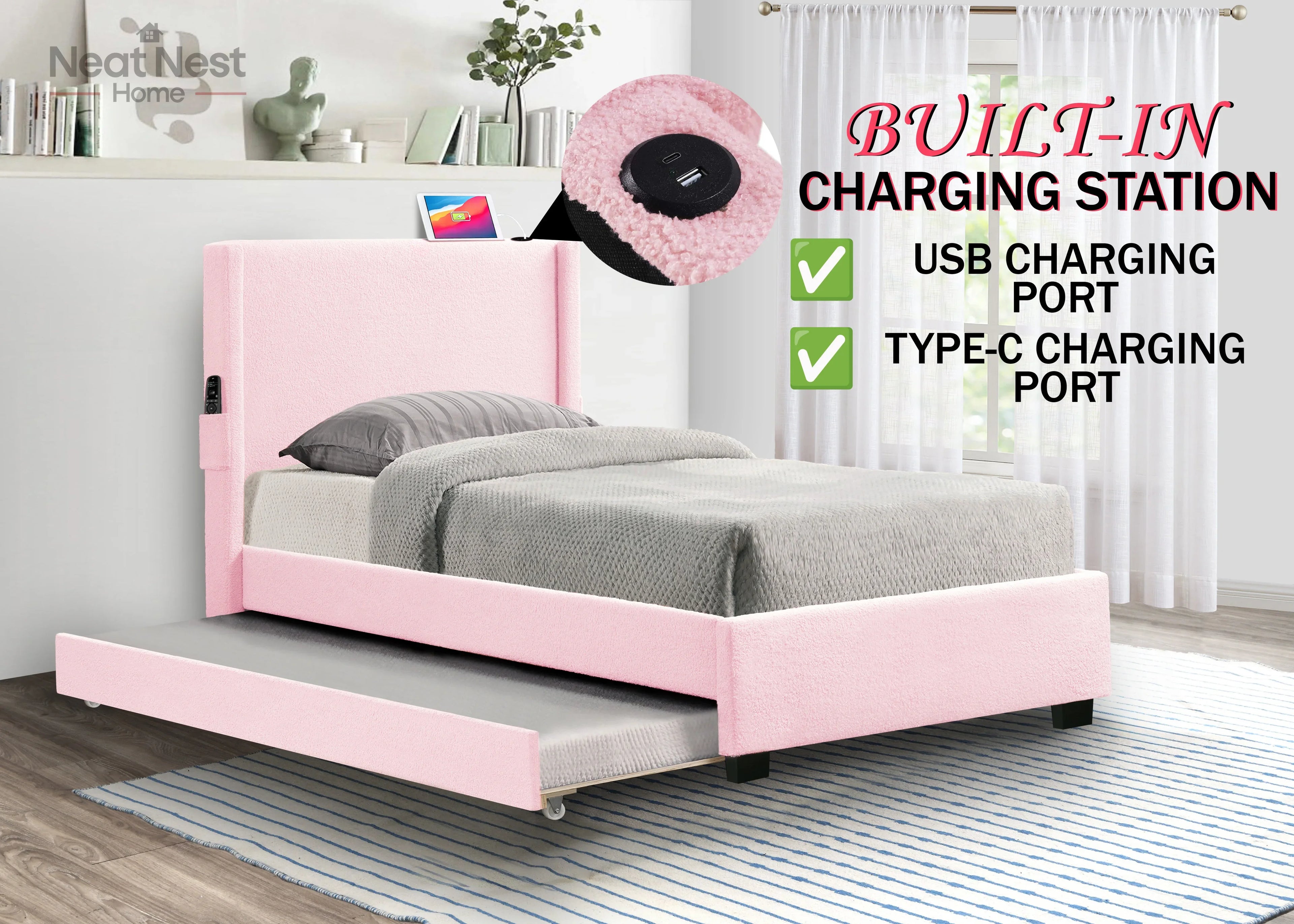 Pink Twin Size Bed Frame with Removable Trundle USB Functionality, Single Bed .Bedroom Furniture No Box Spring Required Bed Frame