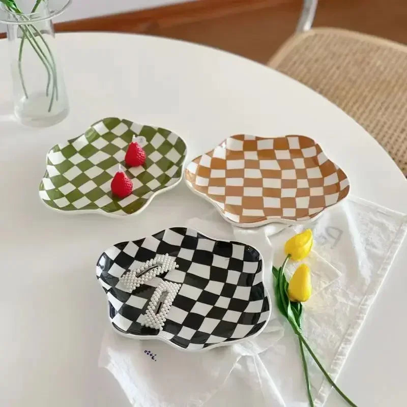 Retro Checkerboard Ceramic Plate Jewelry Home Decoration