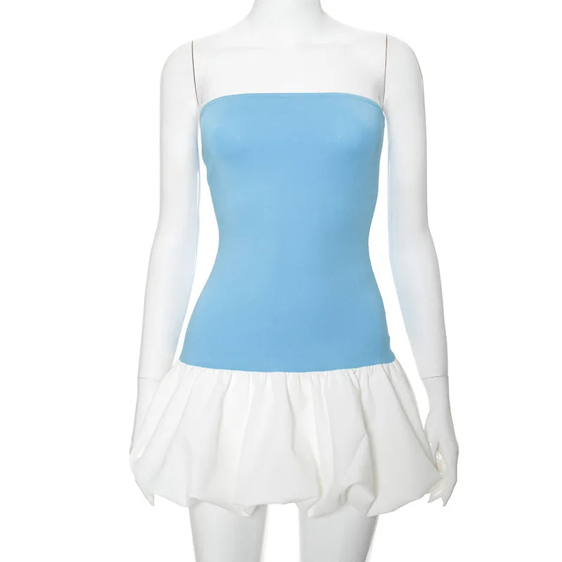 Contrast Color Mini Folds Dress For Women Strapless Sexy Slim Sleeveless Ruched Splice Y2K Beach Female Club Party Dress