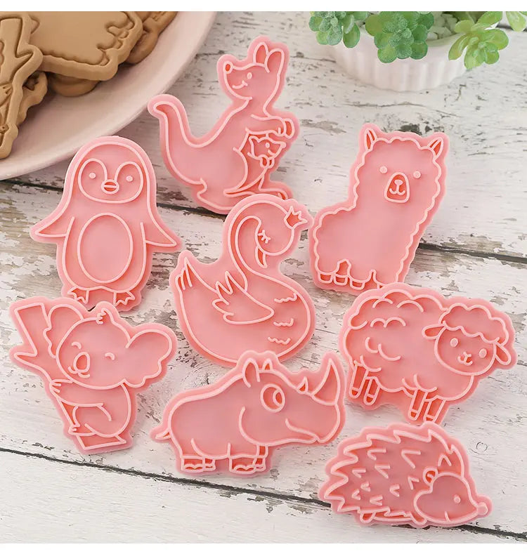 Cookie Cutters Plastic 3D Cute Cartoon Pressable Biscuit Mold Cookie Stamp Kitchen Baking Pastry Bakeware 8 Pcs/set