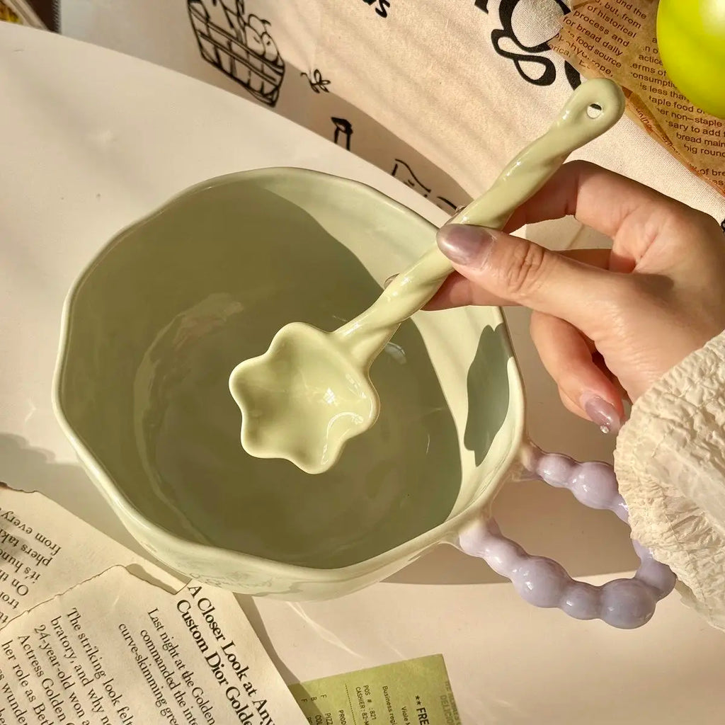 High Beauty Ceramic Instant Noodle Bowl with Pearl Handle Home Irregular Shape Cute Yogurt Bowls Fruit Dessert Tableware