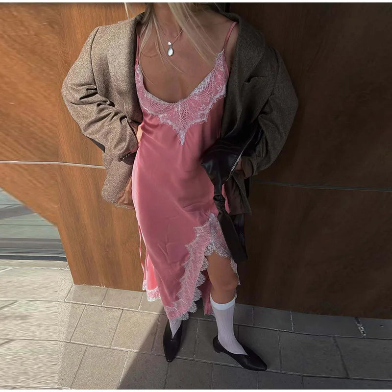 Sexy Lace Patchwork Satin Sling Long Slim V-neck Sleeveless Backless Maxi Dress