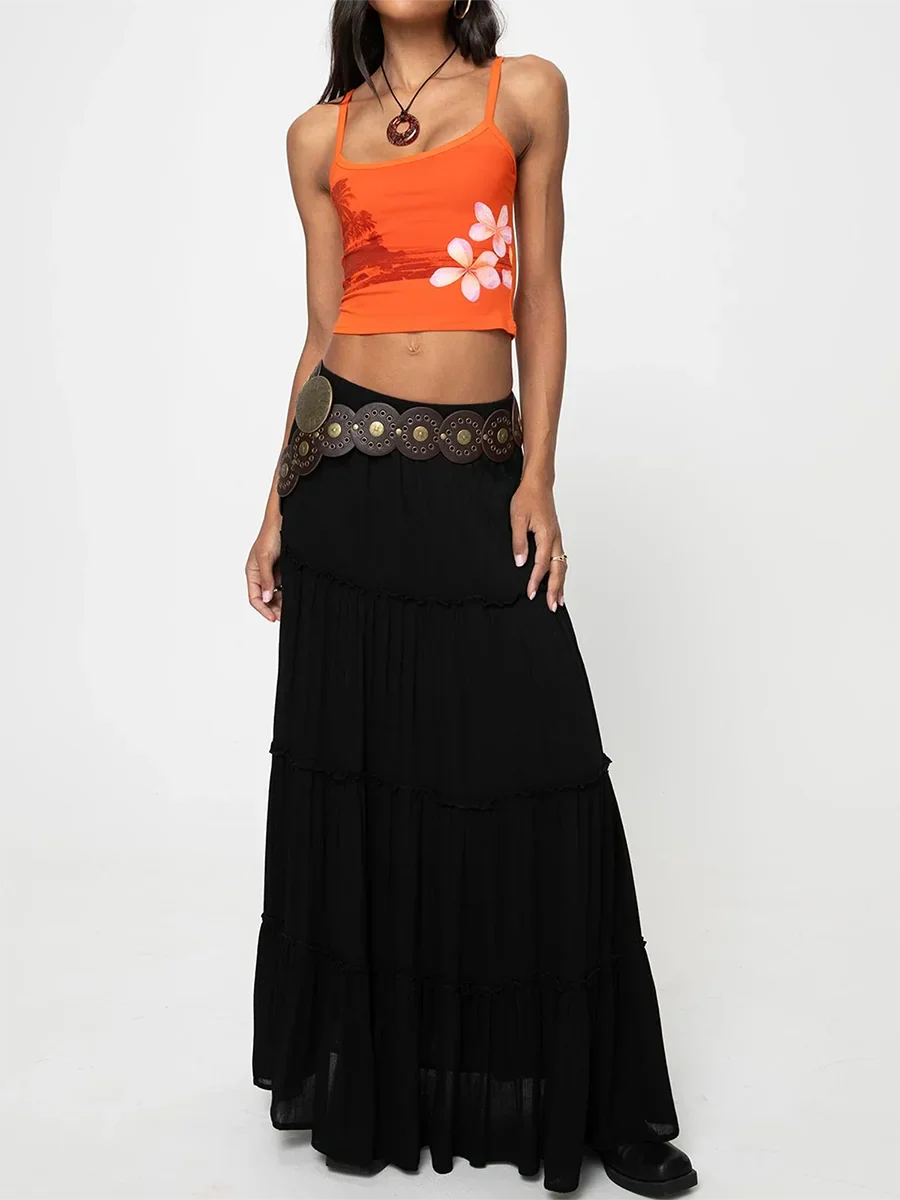 Orange Y2k Floral Cami Tank Top Women Sexy Spaghetti Strap Flower Crop Top Slim Fit Scoop