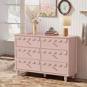 Girls Fluted Petal Scalloped Organizer Storage with Drawers, Pink 6 Drawer Dresser for Bedroom, Modern Wide Chest of Drawers