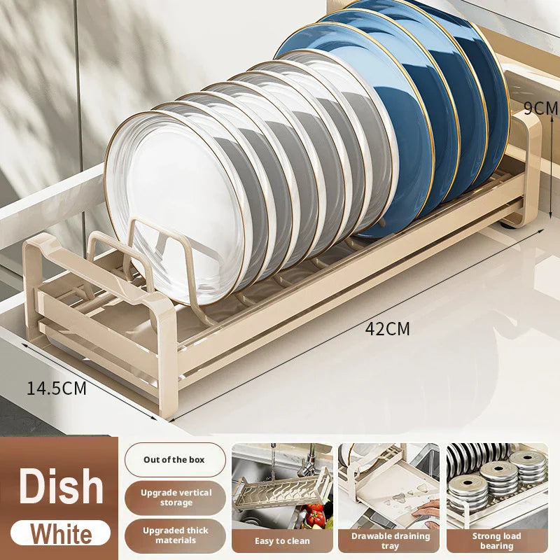 Pull Out Cabinet Dish Storage Rack Stainless Steel Plate Drain Stand Holder Kitchen Drawer Built-in Bowl Rack Basket Organizer