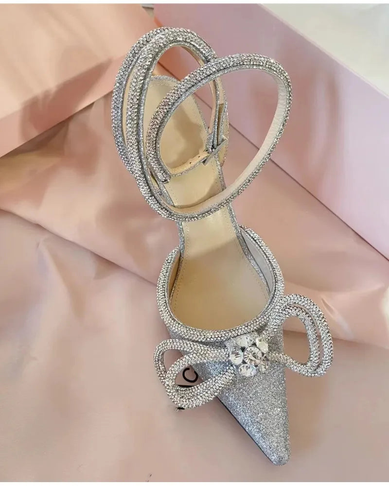 Glitter Crystal Women Pumps Sexy Ankle strap Rhinestones Bowknot High Heels
