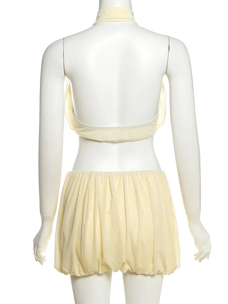 Ruched 2-Piece Set Women Halter Backless Elegant Tank Tops+Waist Skirts Solid Sexy Summer Matching Suits