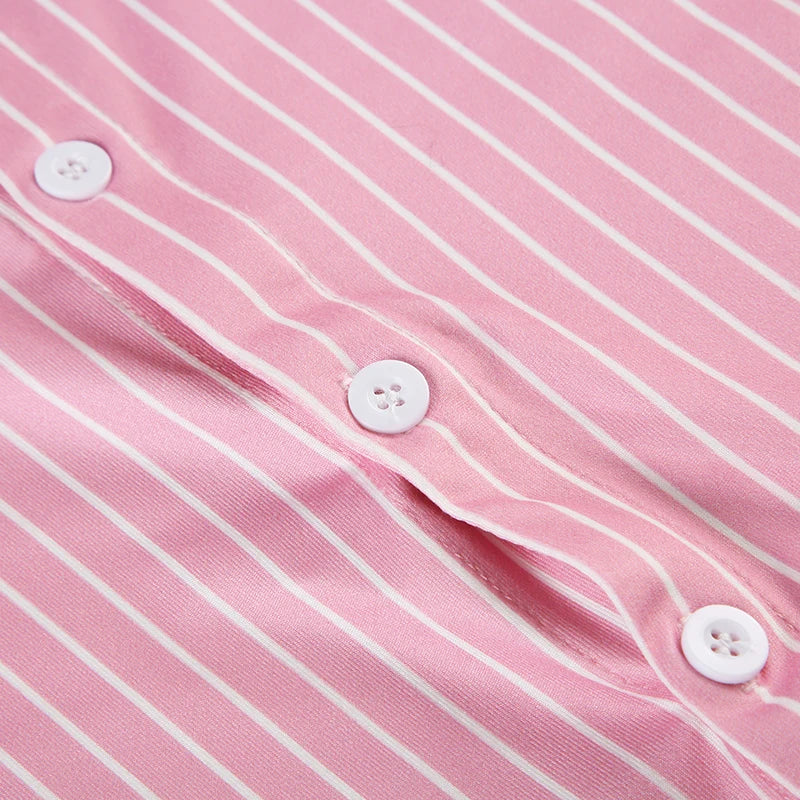 Stripe Short Sleeve Shirts For Women Button Up Turn Down Collar Slim Simple Casual Preppy Tops Basic Summer Tees