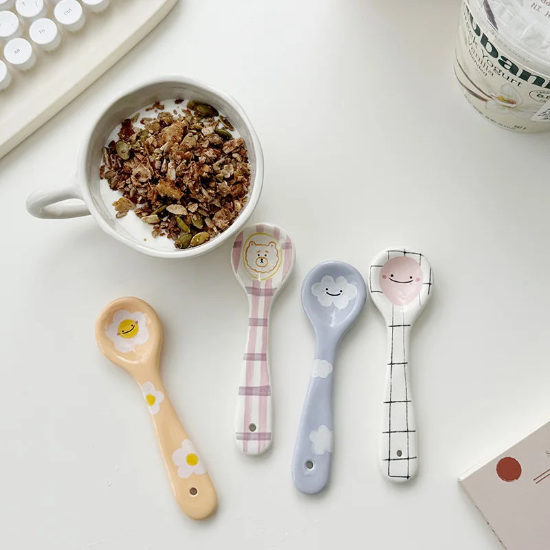 Cute Smiling Spoons Ceramic Ice Cream Spooon Irregular Hand Painted Dessert Breakfast Spoon Home Kitchen Tableware Accessories