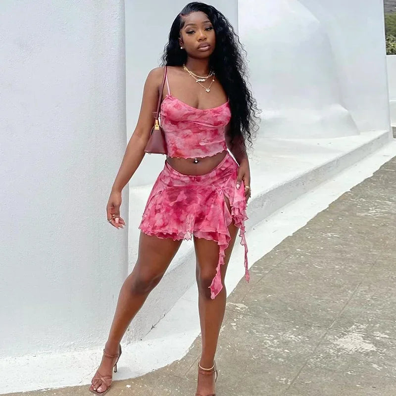 Women's Fashionable Mesh Printing Sexy Side Slit Mini Two Piece