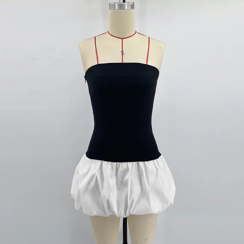 Contrast Color Mini Folds Dress For Women Strapless Sexy Slim Sleeveless Ruched Splice Y2K Beach Female Club Party Dress