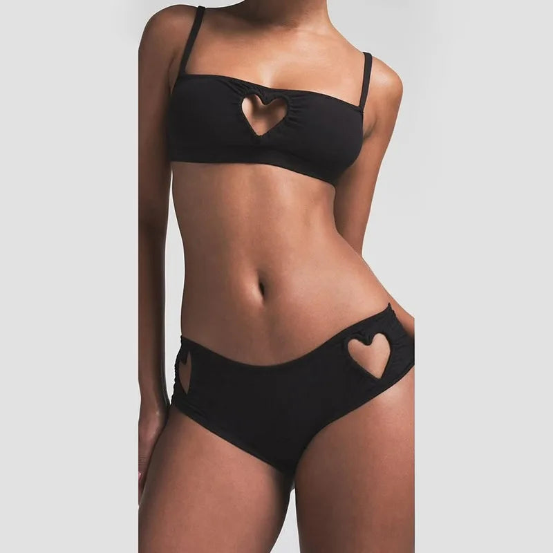 Women Sweet Pink Hollowed-out Heart Two Piece Set