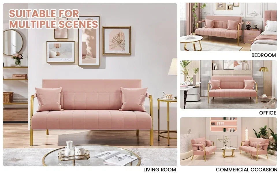 Modern Loveseat 2 Seater Sofa Luxurious Velvet Fabric Couch with Gold-Tone Metal Arms and Legs for Bedroom, Studio Pink 56.5" W