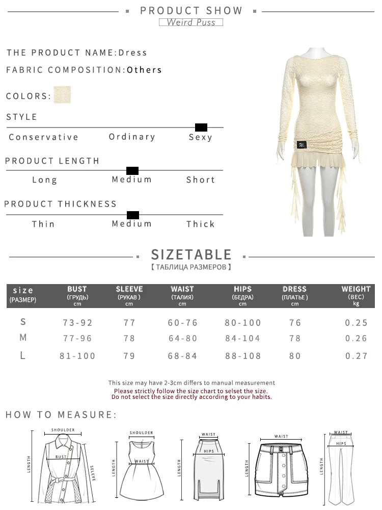 Lace Patchwork Dress Woman Sexy See Through Bandage Backless Ruffles Long Sleeve Irregular Hem Skinny Bodycon