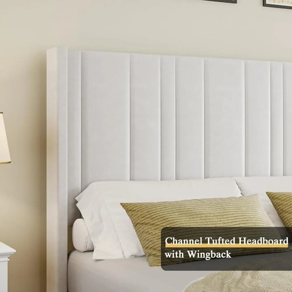 Soft Velvet Upholstered Bed Frame with Vertical Channel Tufted Wingback Headboard & Tall Footboard