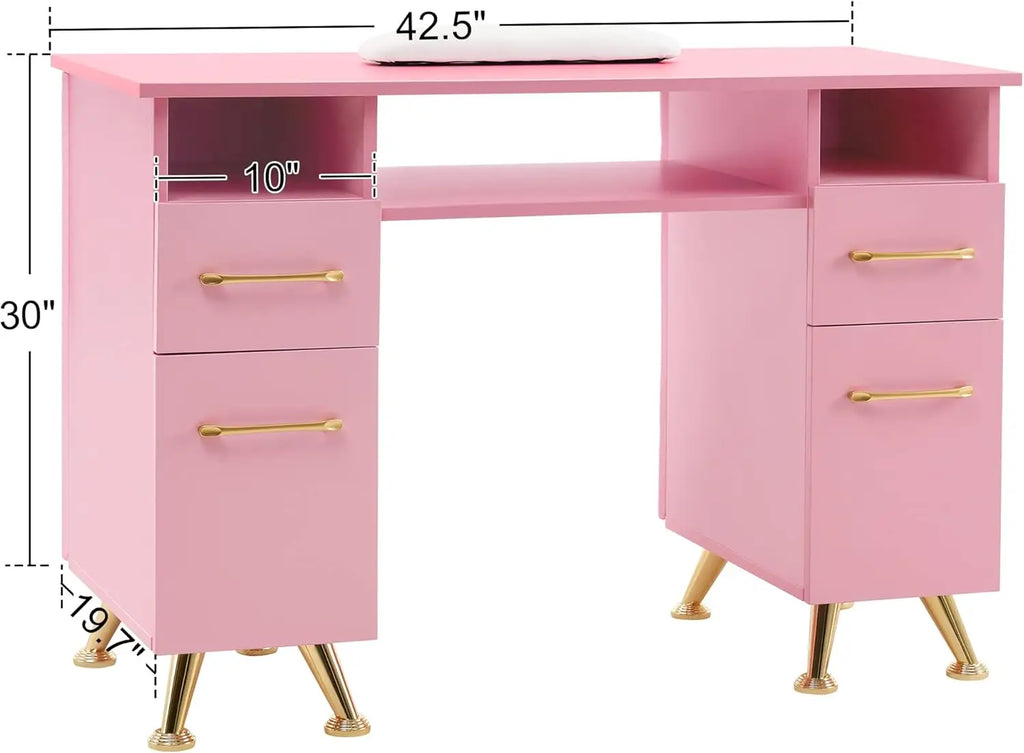 Pink Manicure Table with Drawers, Acetone Resistant Nail Desk, Spa Salon Storage Equipment
