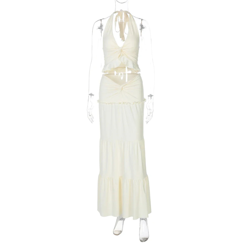 Sexy Elegant Ruched 2 Piece Skirt Set Lace Up Ruffles Patchwork Crop Top Tiered Maxi Skirt Matching Set