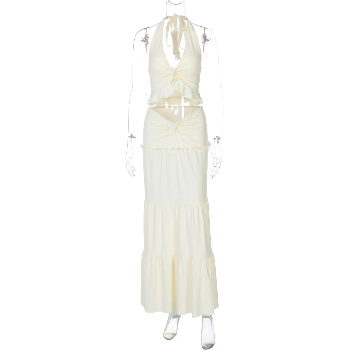 Sexy Elegant Ruched 2 Piece Skirt Set Lace Up Ruffles Patchwork Crop Top Tiered Maxi Skirt Matching Set