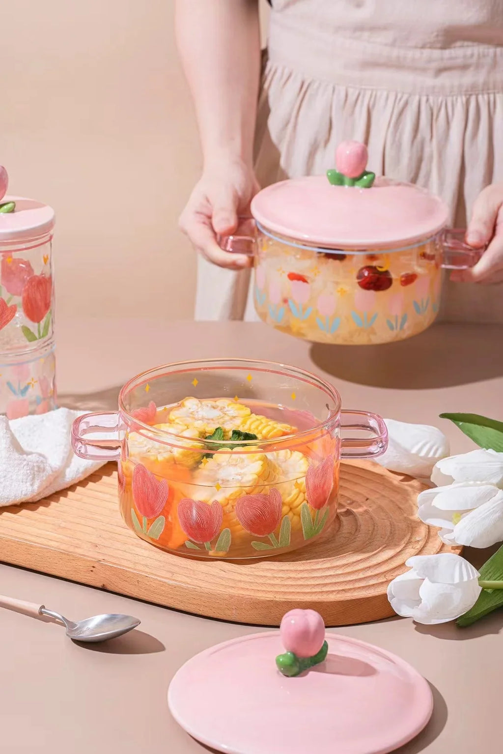 Pink Flower Instant Noodles Glass Pot Can Be Heated Soup Pot Double Ears Salad Bowl Covered with a Large Capacity Bowl