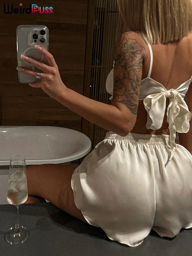 Silky Elegant Women 2 Piece Set Casual Sleeveless Ruffles Camisole+Button Shorts Matching Streetwear Casual Outfits