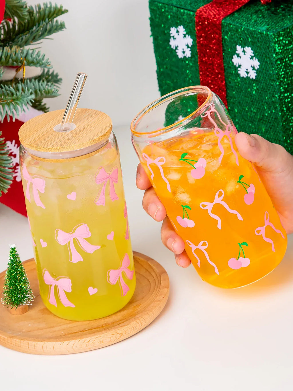 Cute Bow Glass Cup Love Cherry Bow Pattern With Lids & Straw 500ml