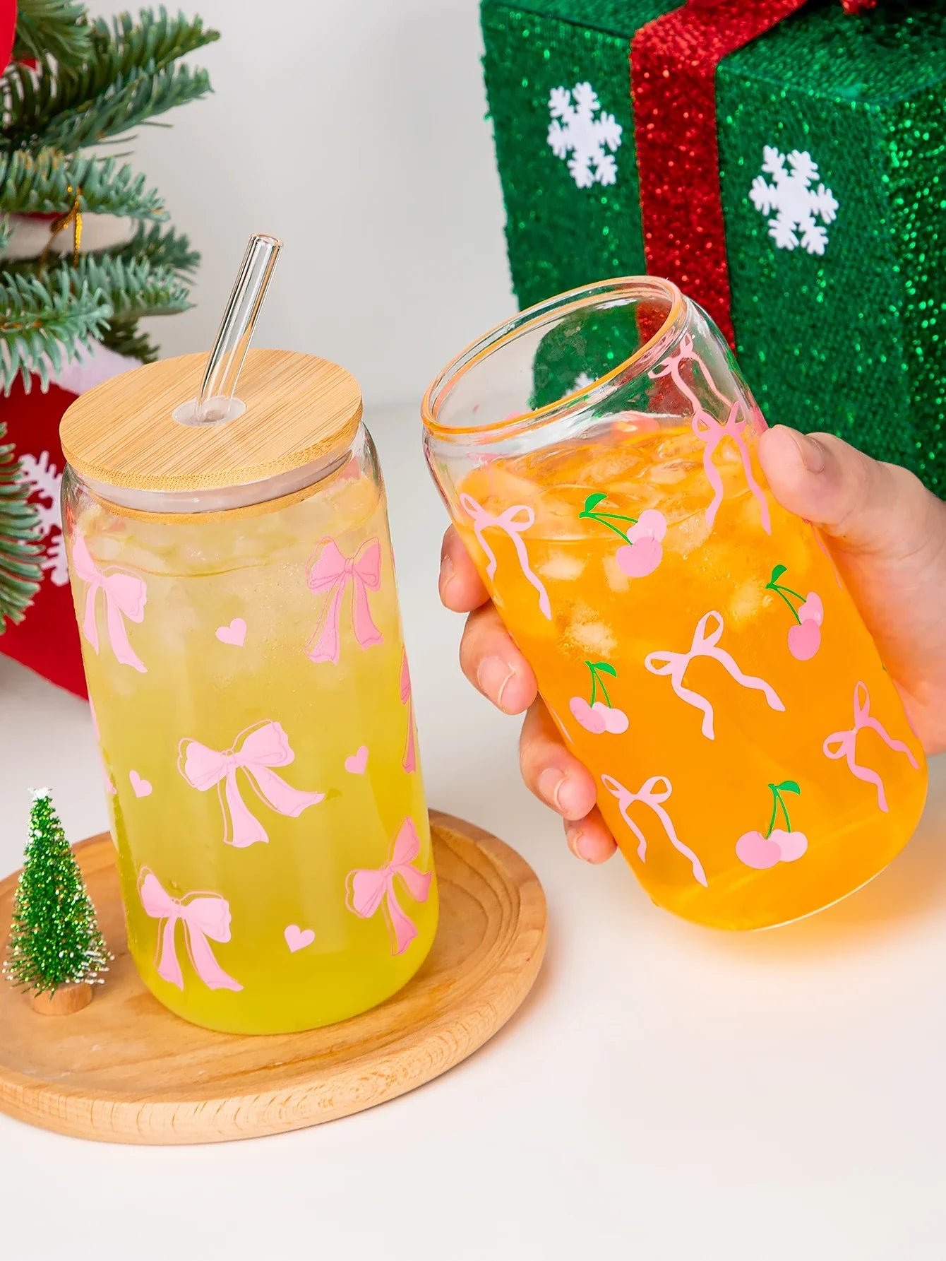 Cute Bow Glass Cup Love Cherry Bow Pattern With Lids & Straw 500ml