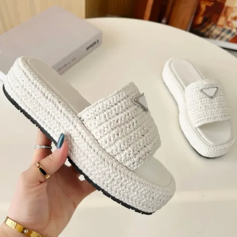 Handmade Knitted Thick Bottom Slippers Women's Casual Fashionable Outerwear Rubber Outsole Summer Best Seller Slippers 34-42