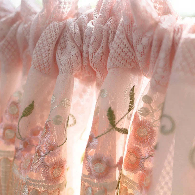 Pink Small Window Short Curtain Embroidery Floral Lace Half Window Curtains Sheer Tulle Home Decoration